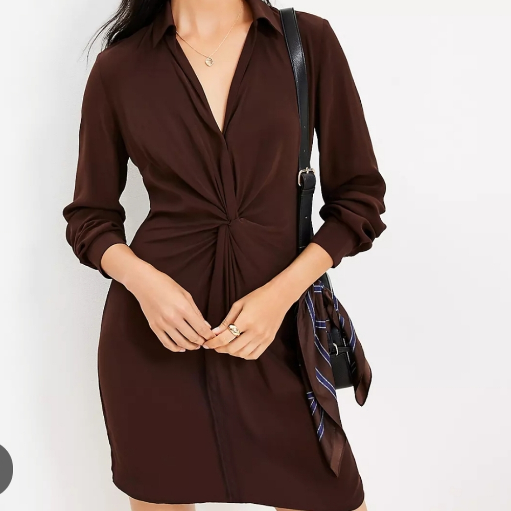 LOFT Deep Burgundy Twist Front Shirt Dress Sz 10